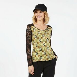 Peppe Peluso Women's Black & Yellow Print Long Sheer Lace Sleeve Top S